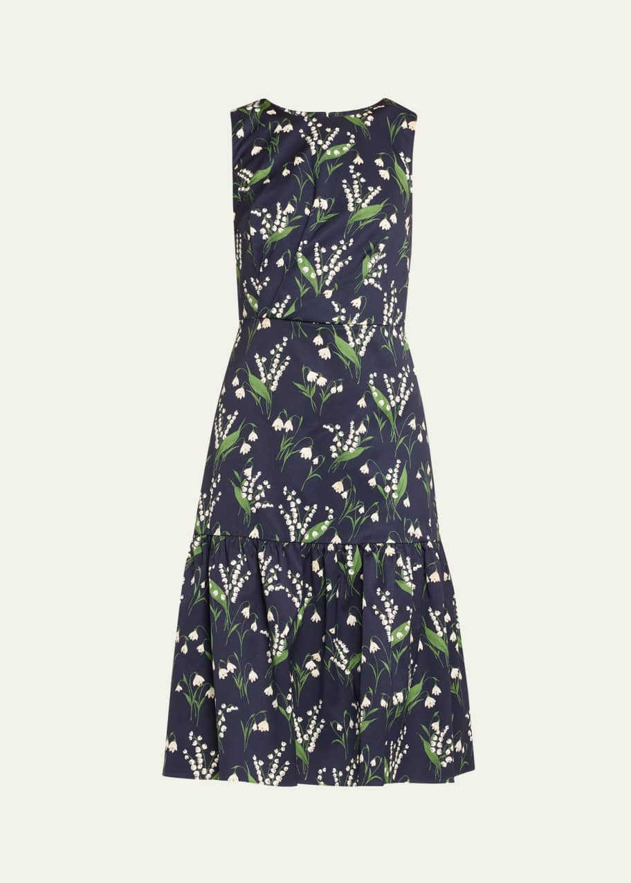 Image 1 of 1: Floral Print Midi Dress with Flounce Hemline
