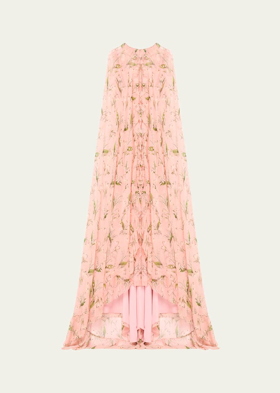 Image 1 of 1: Plunging Floral-Print Ruffle Cape Gown
