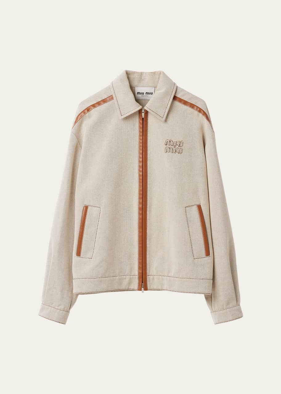Image 1 of 1: Jacquard Canvas Leather-Trim Bomber Jacket