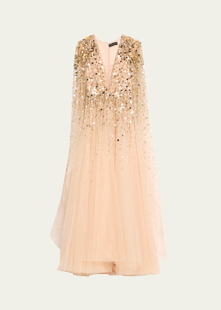 Jenny Packham Alondra Bead Sequined Cape-Sleeve Gown - Bergdorf Goodman