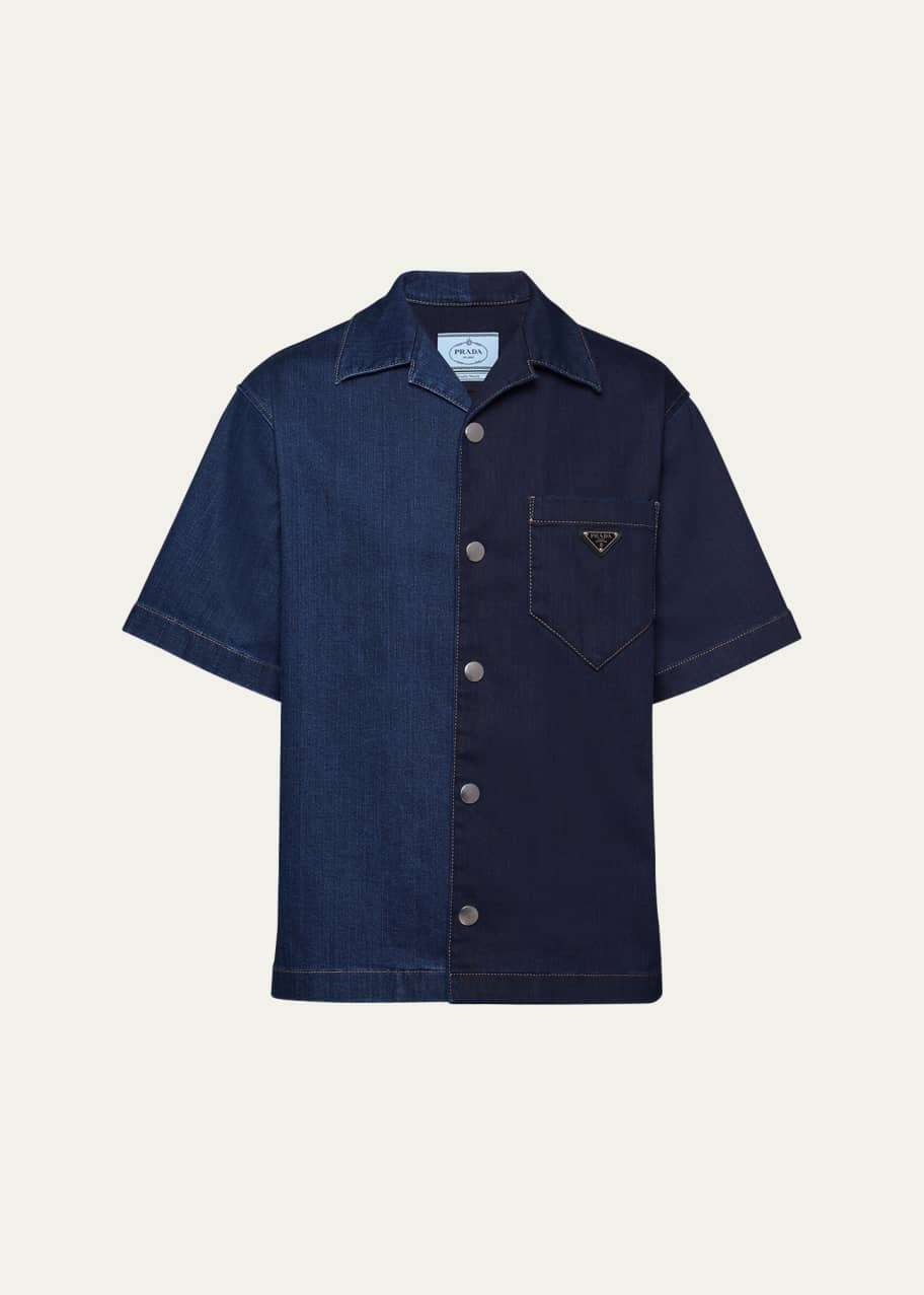 Prada Men's Denim Double Match Camp Shirt - Bergdorf Goodman