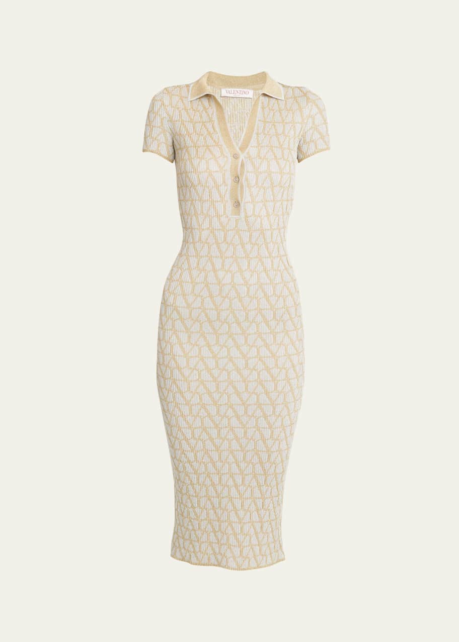 Image 1 of 1: Metallic Iconograph Short-Sleeve Polo Knit Midi Dress