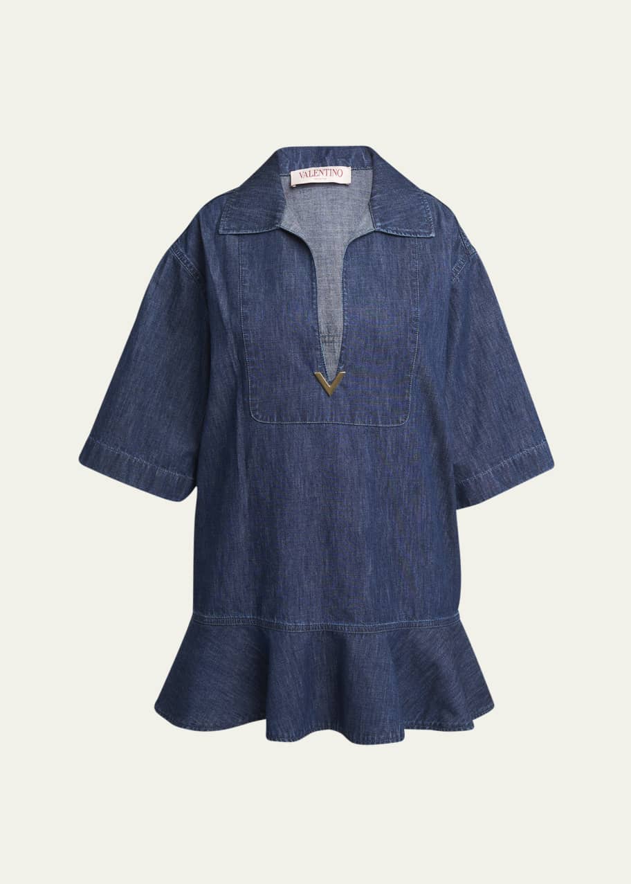 Valentino Garavani Denim Flared Hem Mini Dress with Logo Detail - Bergdorf  Goodman
