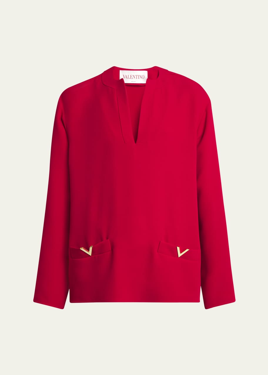 Image 1 of 1: V-Neck Oversized Silk Top with Logo Hardware