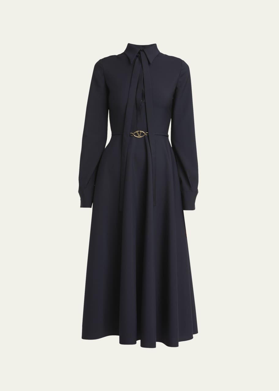 Image 1 of 1: V-Logo Belt Scarf-Neck Long-Sleeve Midi Shirtdress
