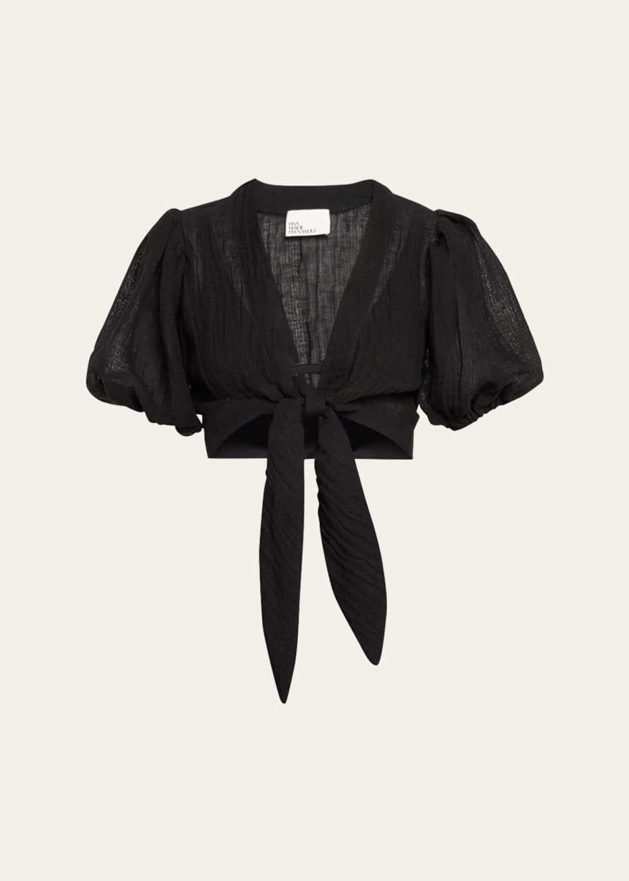 Image 1 of 1: Pouf Gauze Tie Cropped Blouse