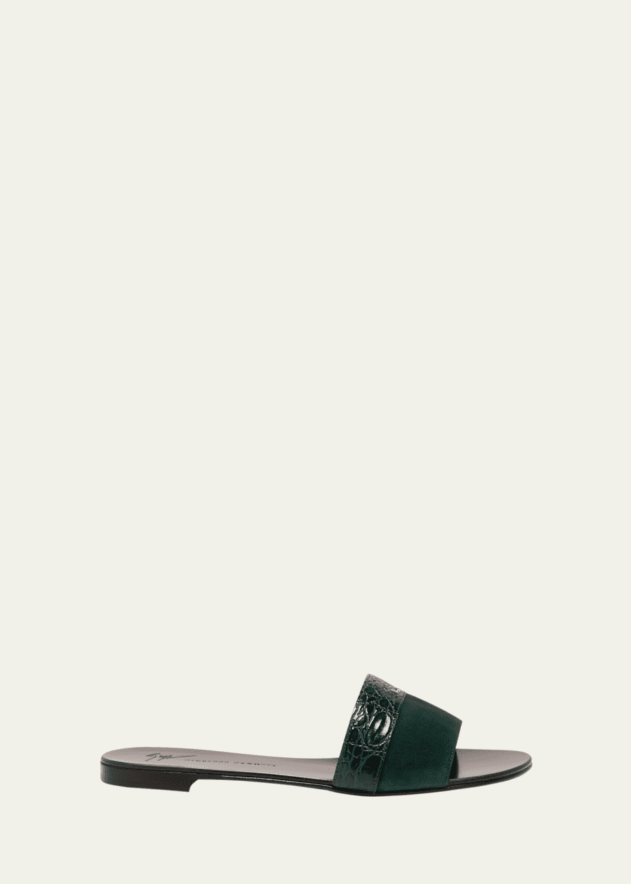 Image 1 of 1: Mixed Leather Flat Slide Sandals
