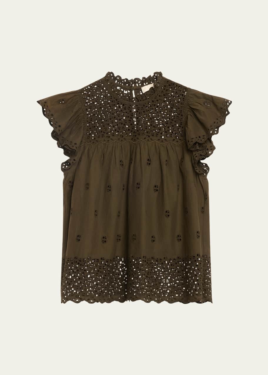 Image 1 of 1: Kassi Ruffle-Sleeve Embroidered Cotton Top