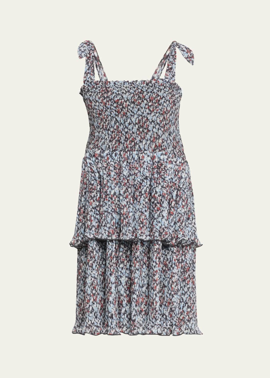 Image 1 of 1: Pleated Georgette Tie-Shoulder Smock Mini Dress