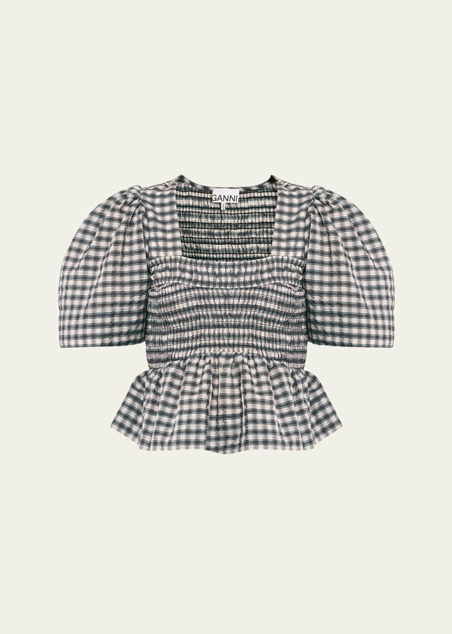 Image 1 of 1: Seersucker Check Square-Neck Smock Blouse