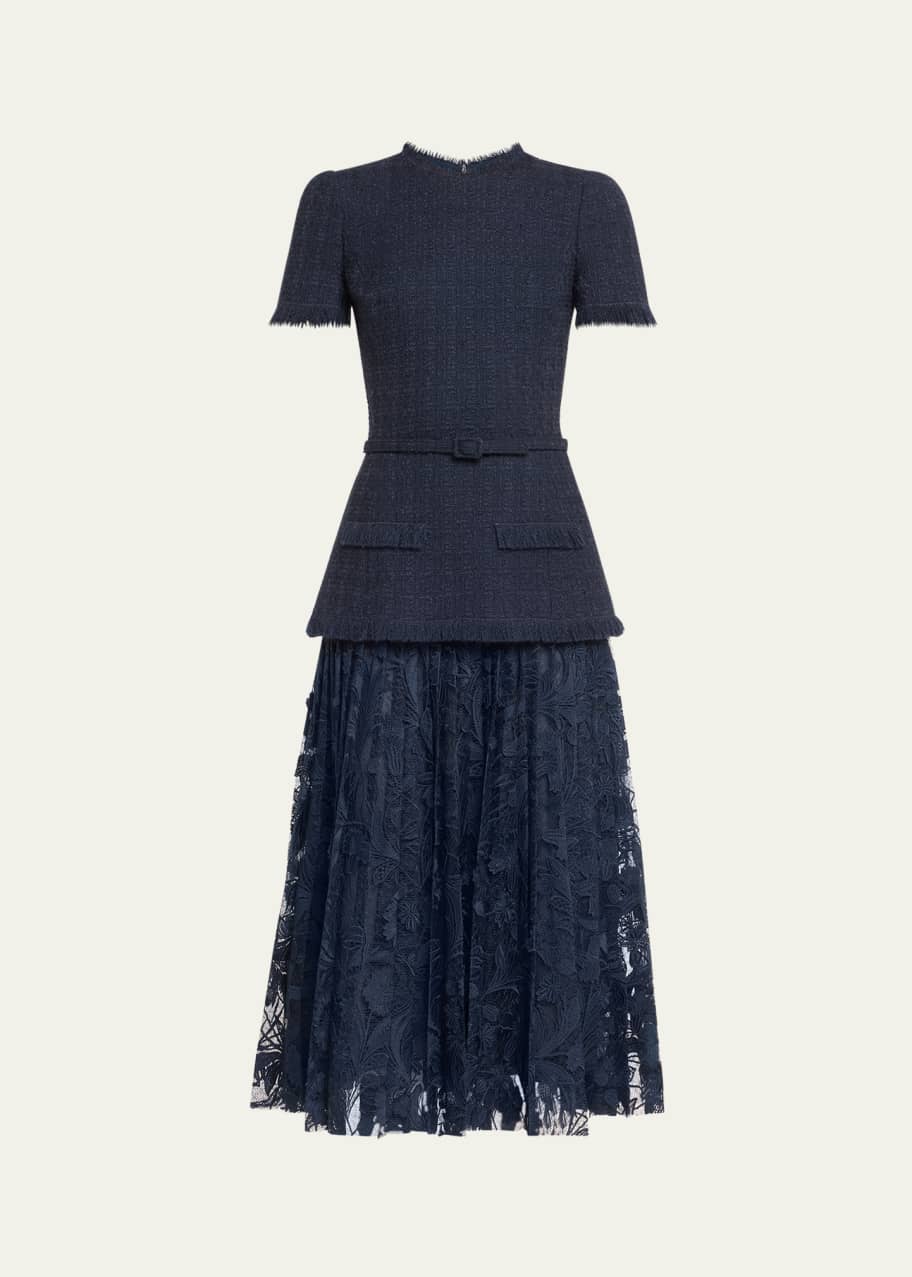 Image 1 of 1: Short-Sleeve Tweed And Guipure Skirt Midi Dress With Self Belt