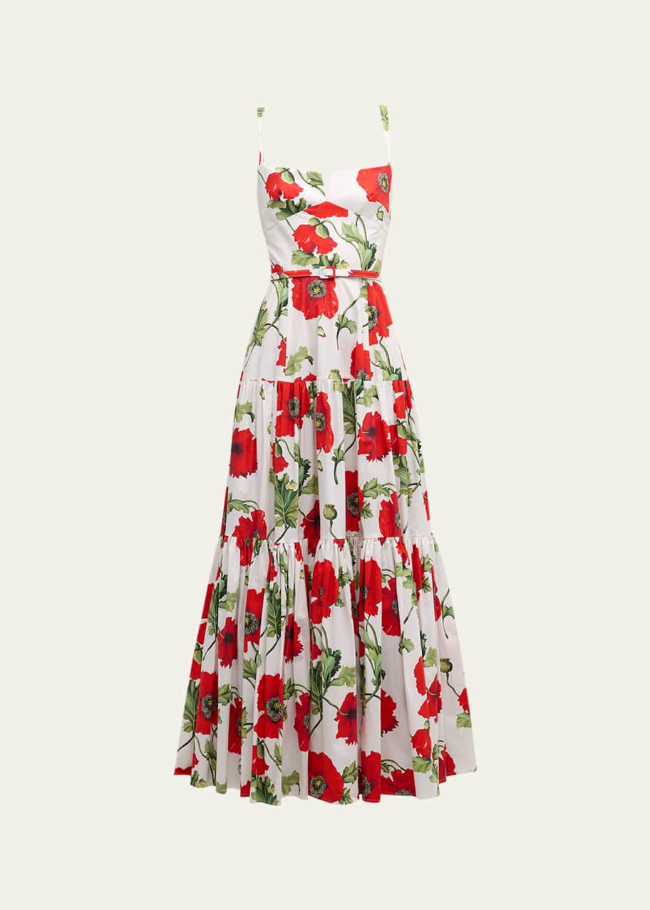 Image 1 of 1: Poppies-Print Sleeveless Belted Tiered Maxi Dress