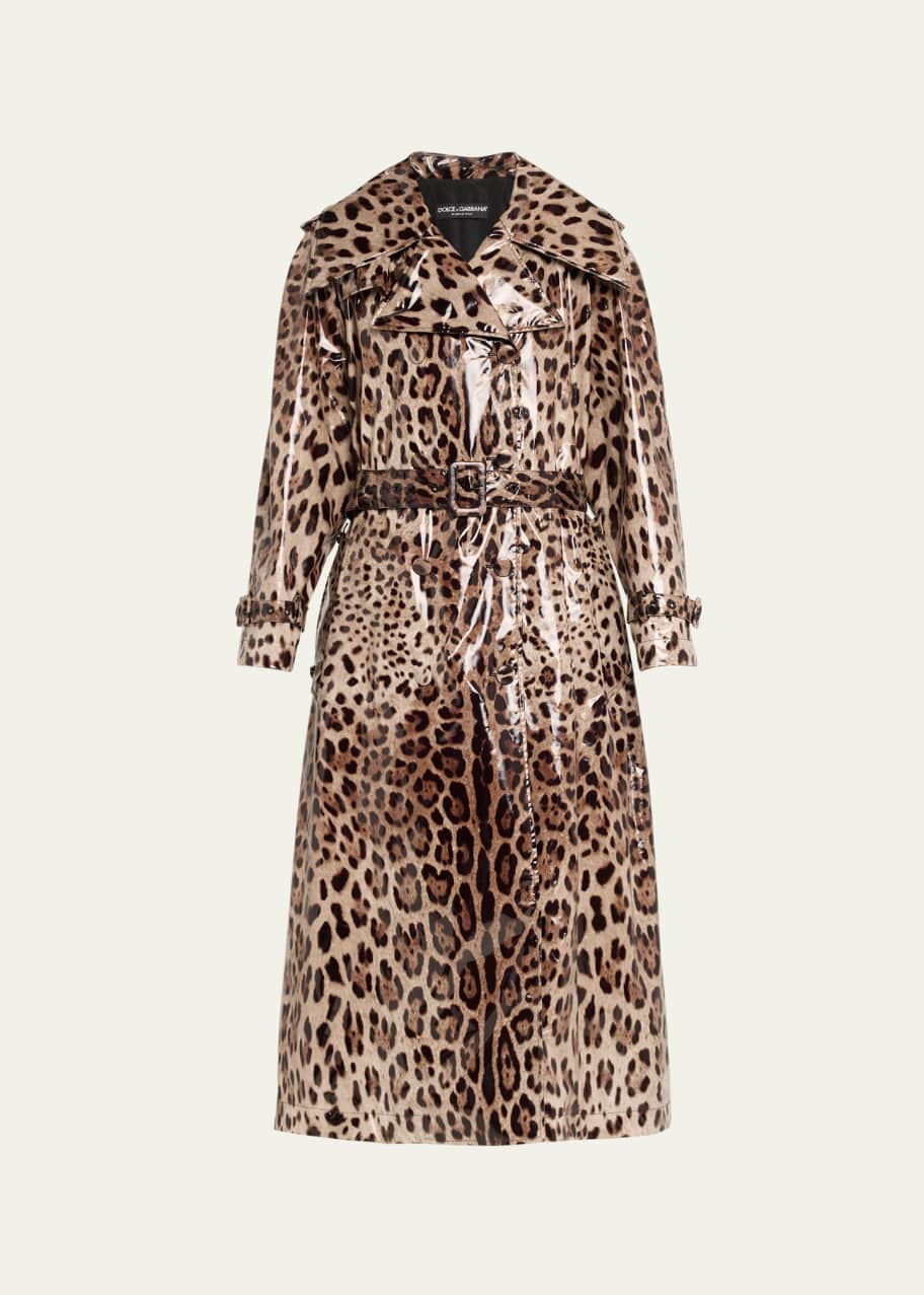 Image 1 of 1: Leopard-Print Belted Shiny Long Trench Coat