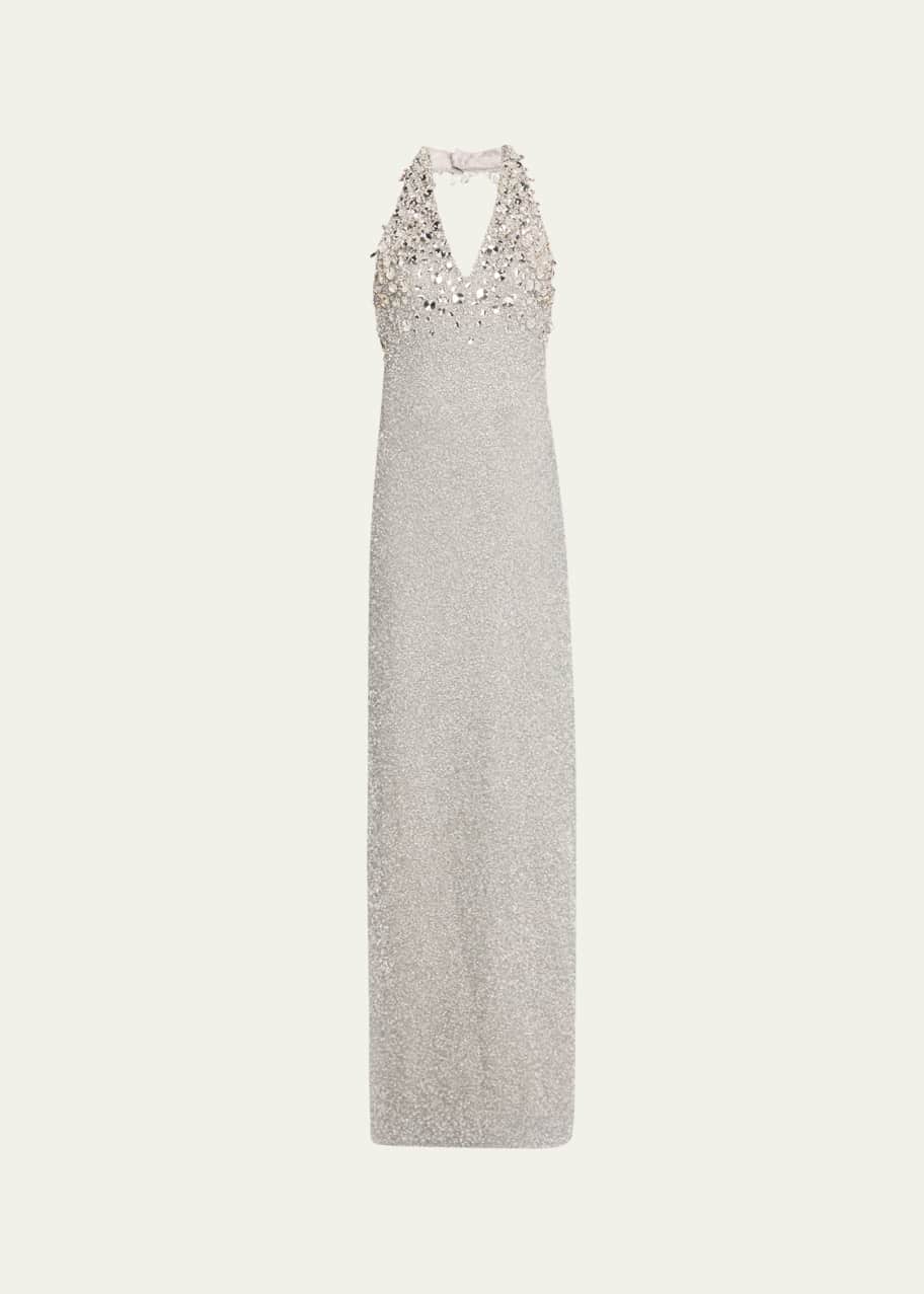 Image 1 of 1: Beaded Halter Gown with Crystal Embellishment