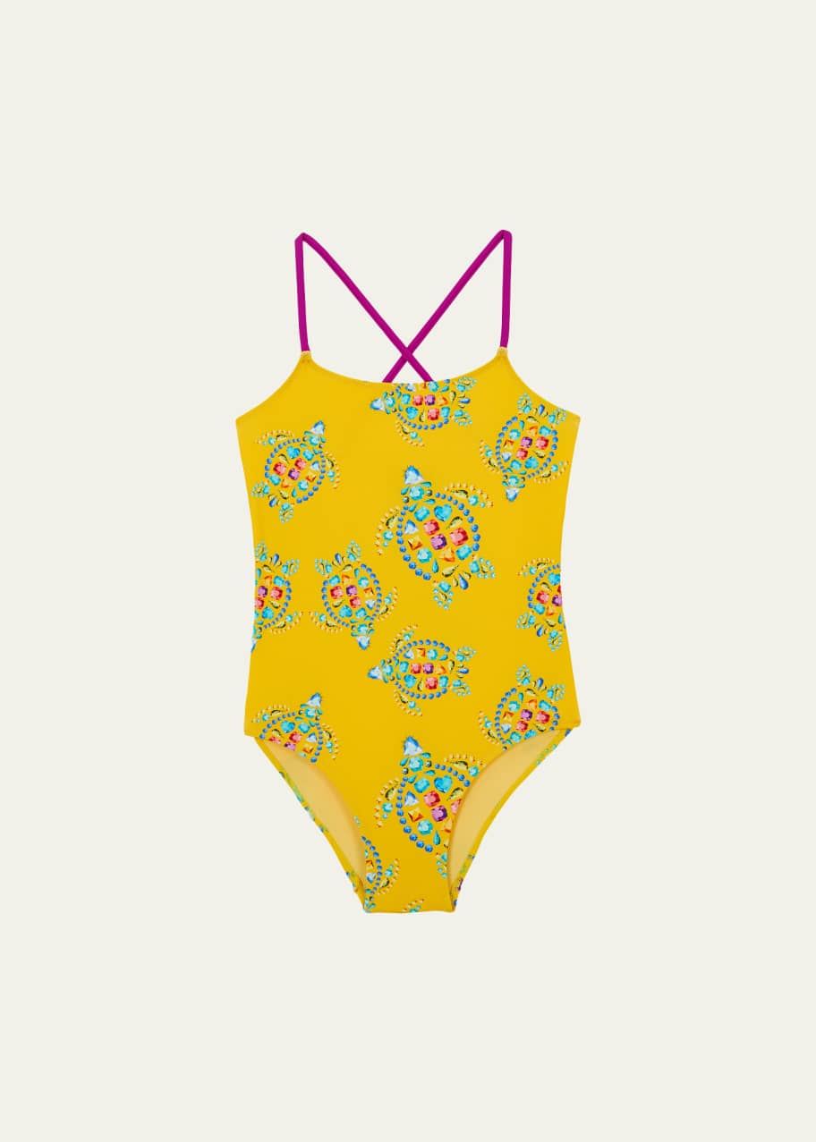 Image 1 of 1: Girl's Vendom Jeweled Turtle-Print Swimsuit, Size 2-14