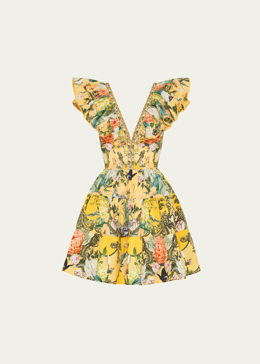 Image 1 of 1: Tiered Neck Frill Floral Cotton Mini Dress