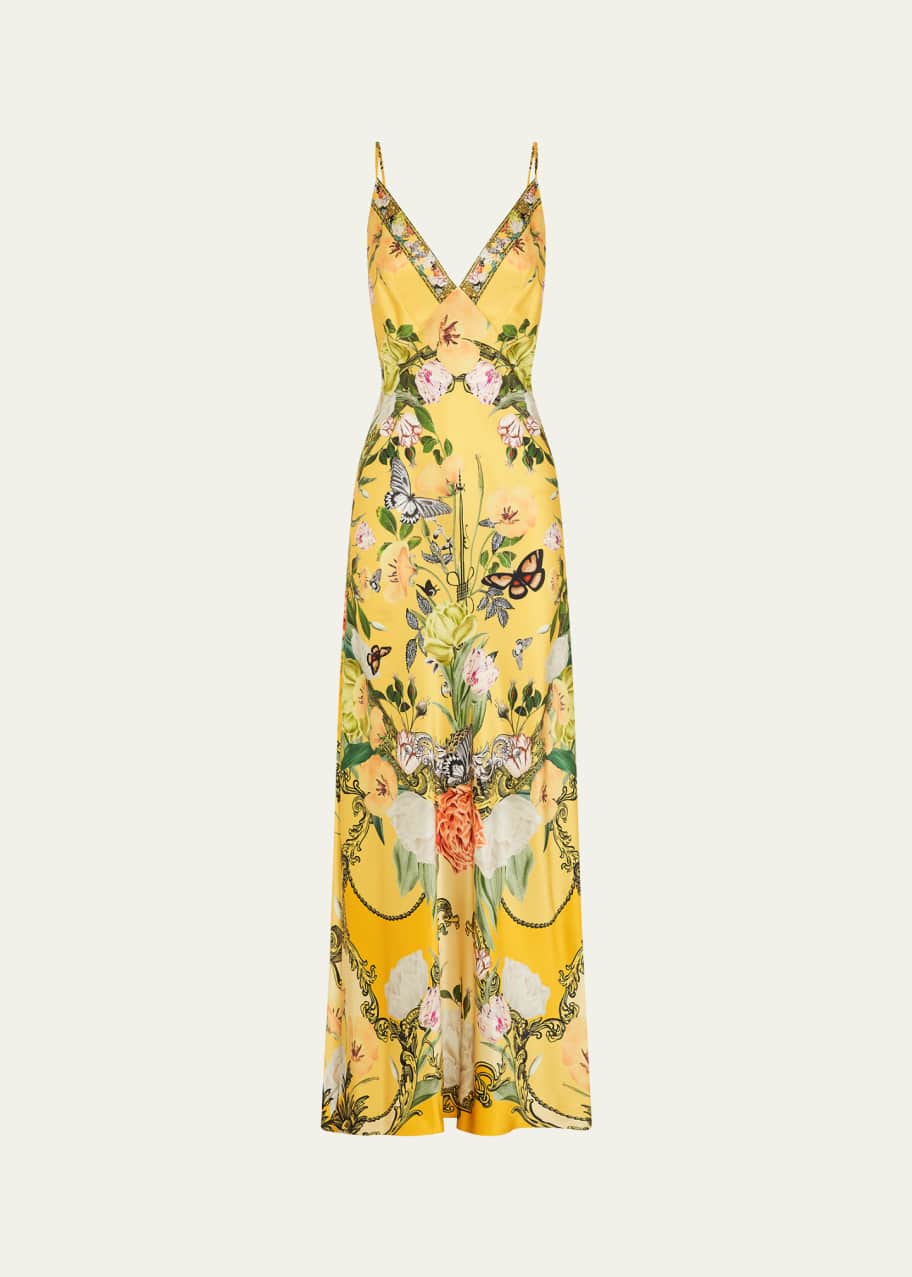 Image 1 of 1: Floral Silk Long Bias Slip Dress with Train
