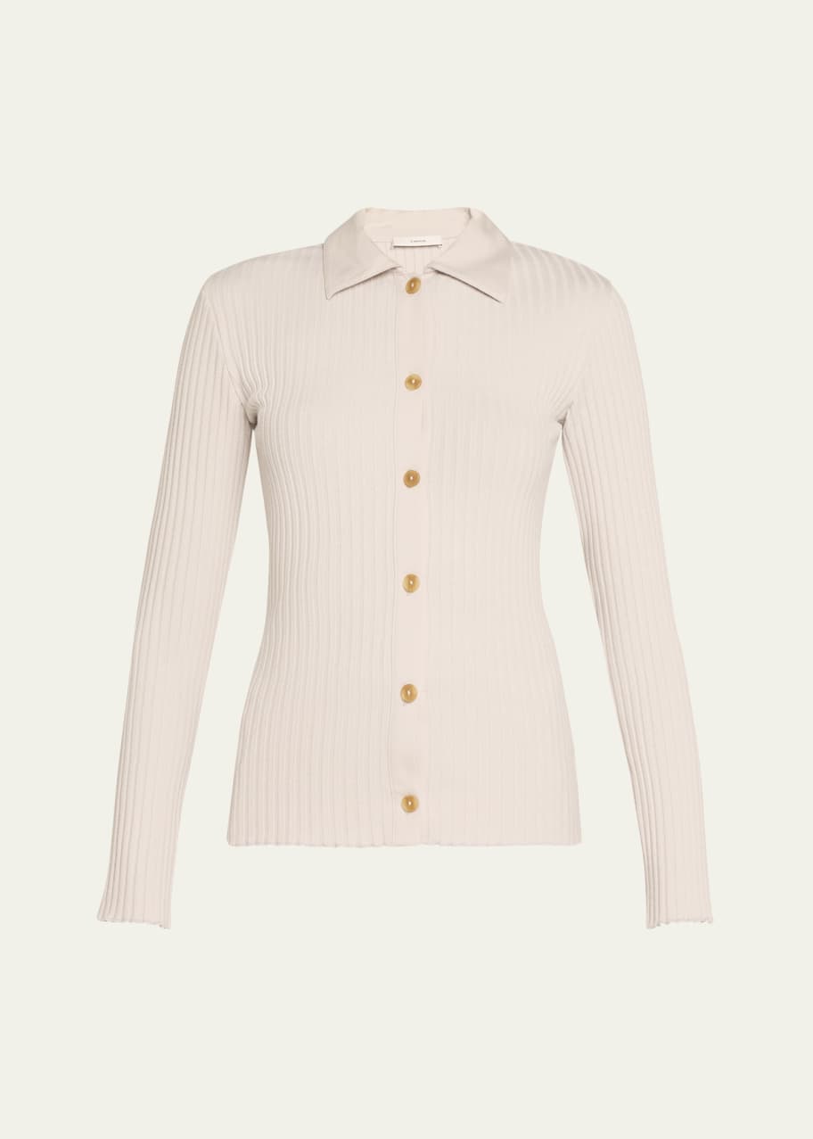 Image 1 of 1: Ribbed Long-Sleeve Button-Front Polo Shirt