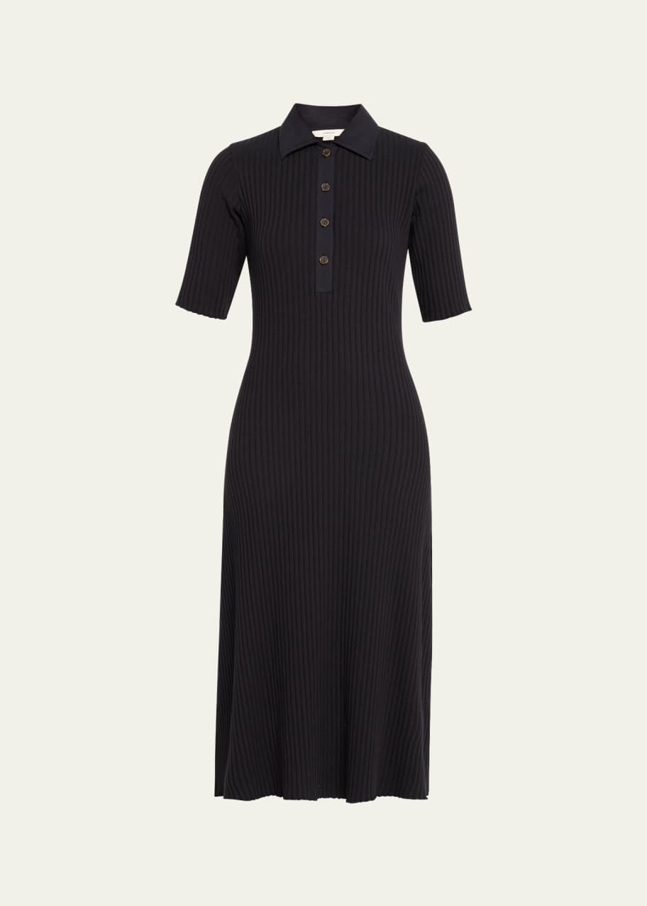 Image 1 of 1: Ribbed Elbow-Sleeve Polo Midi Dress
