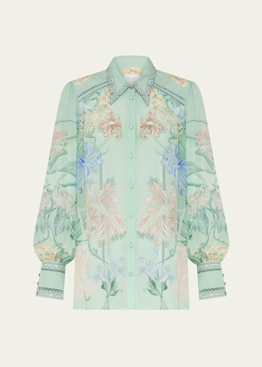 Image 1 of 1: Floral Silk Button-Front Blouson-Sleeve Blouse