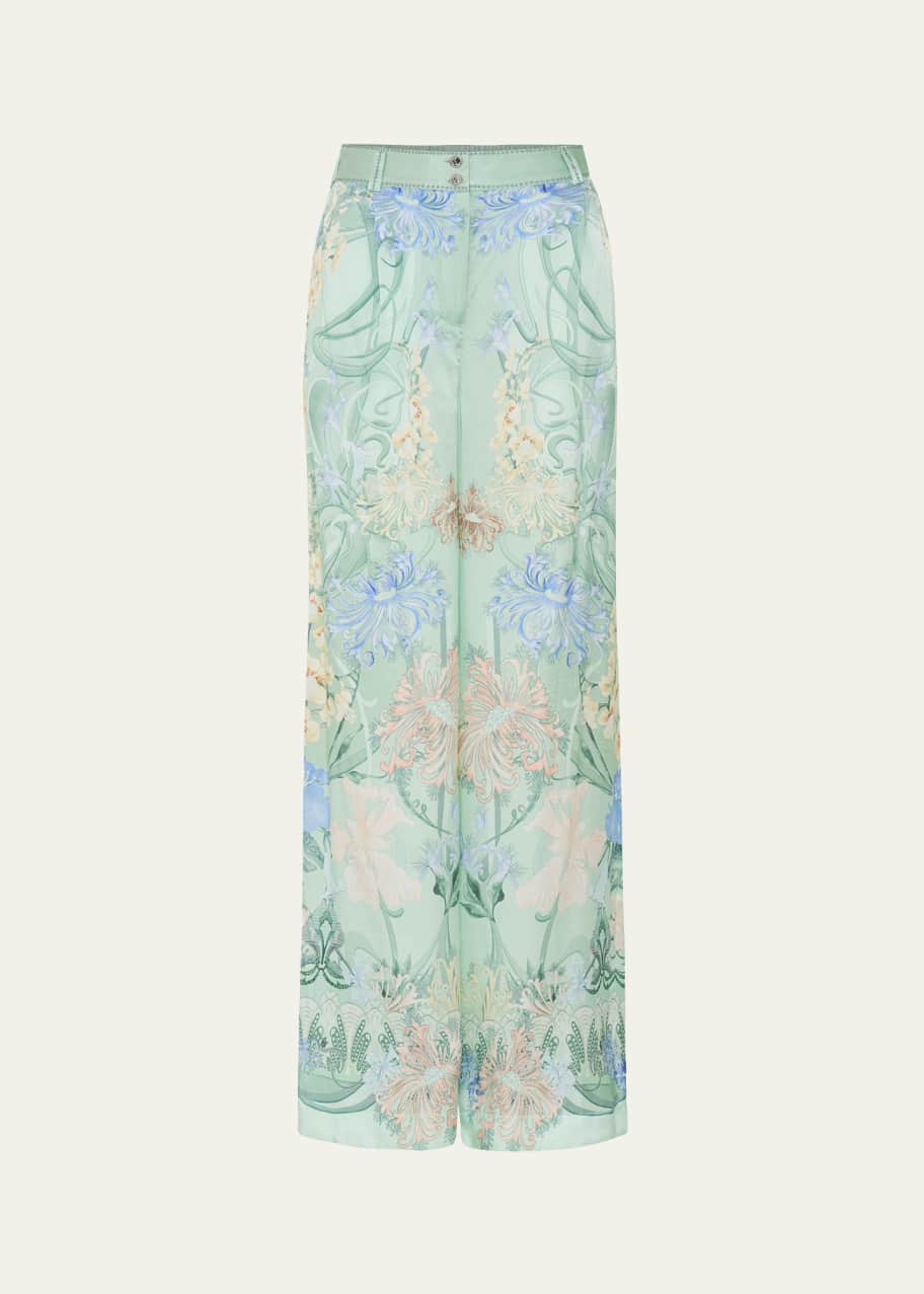 Image 1 of 1: High-Rise Floral Silk Wide-Leg Pants