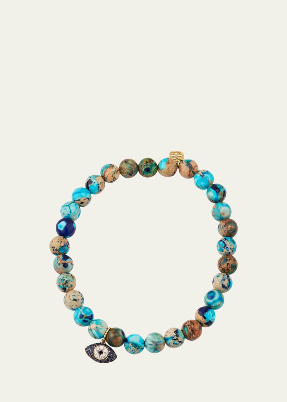 Image 1 of 1: 14K Yellow and White Gold Mini Puffy Evil Eye on Ocean Blue Jasper Beaded Bracelet