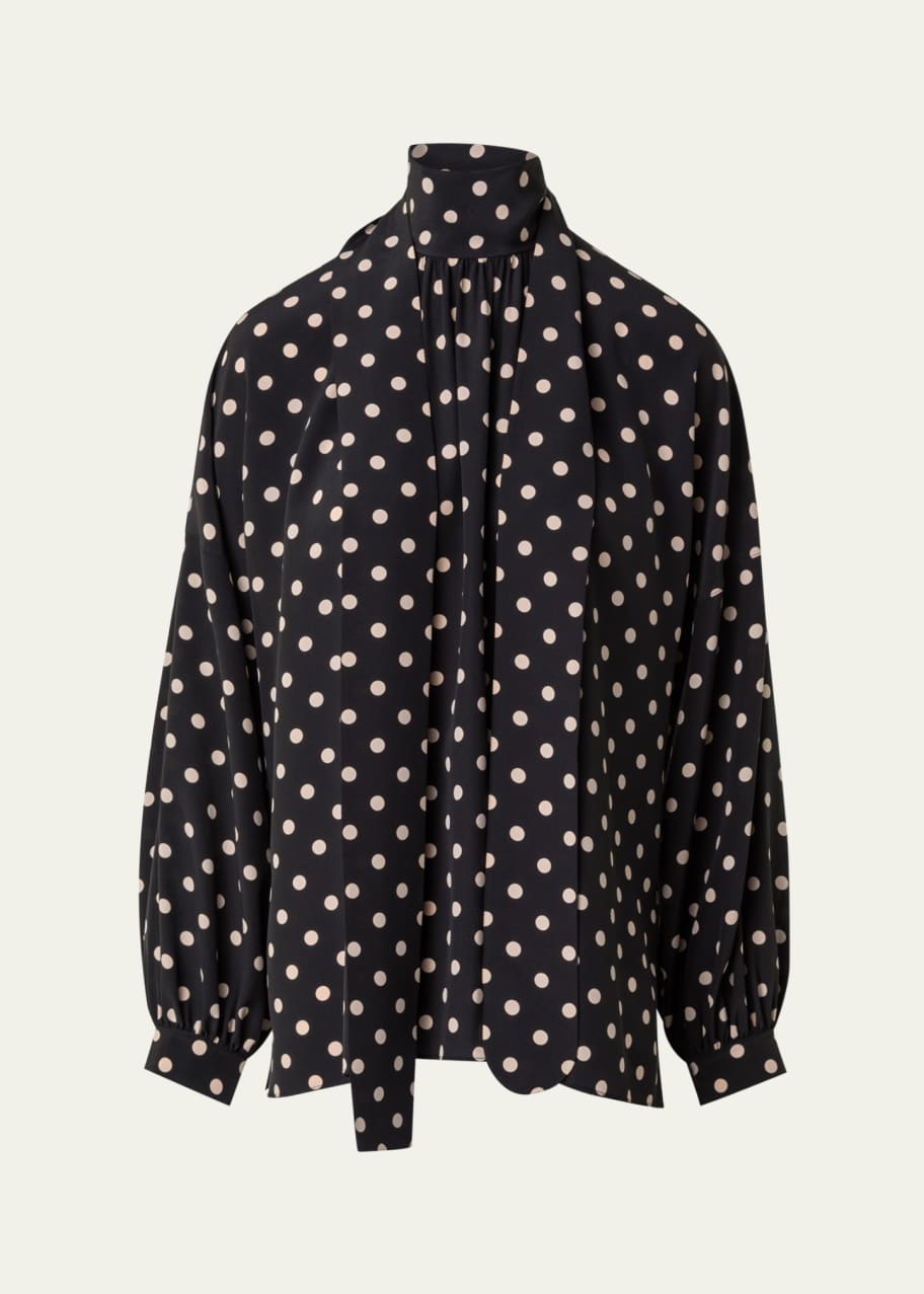 Image 1 of 1: Crepe De Chine Dot Print Blouse with Tie Neck