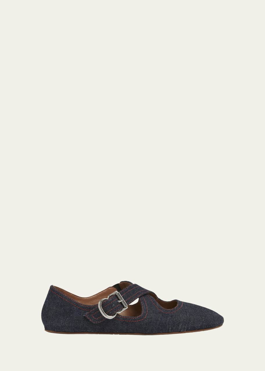 Image 1 of 1: Denim Crisscross Buckle Ballerina Flats