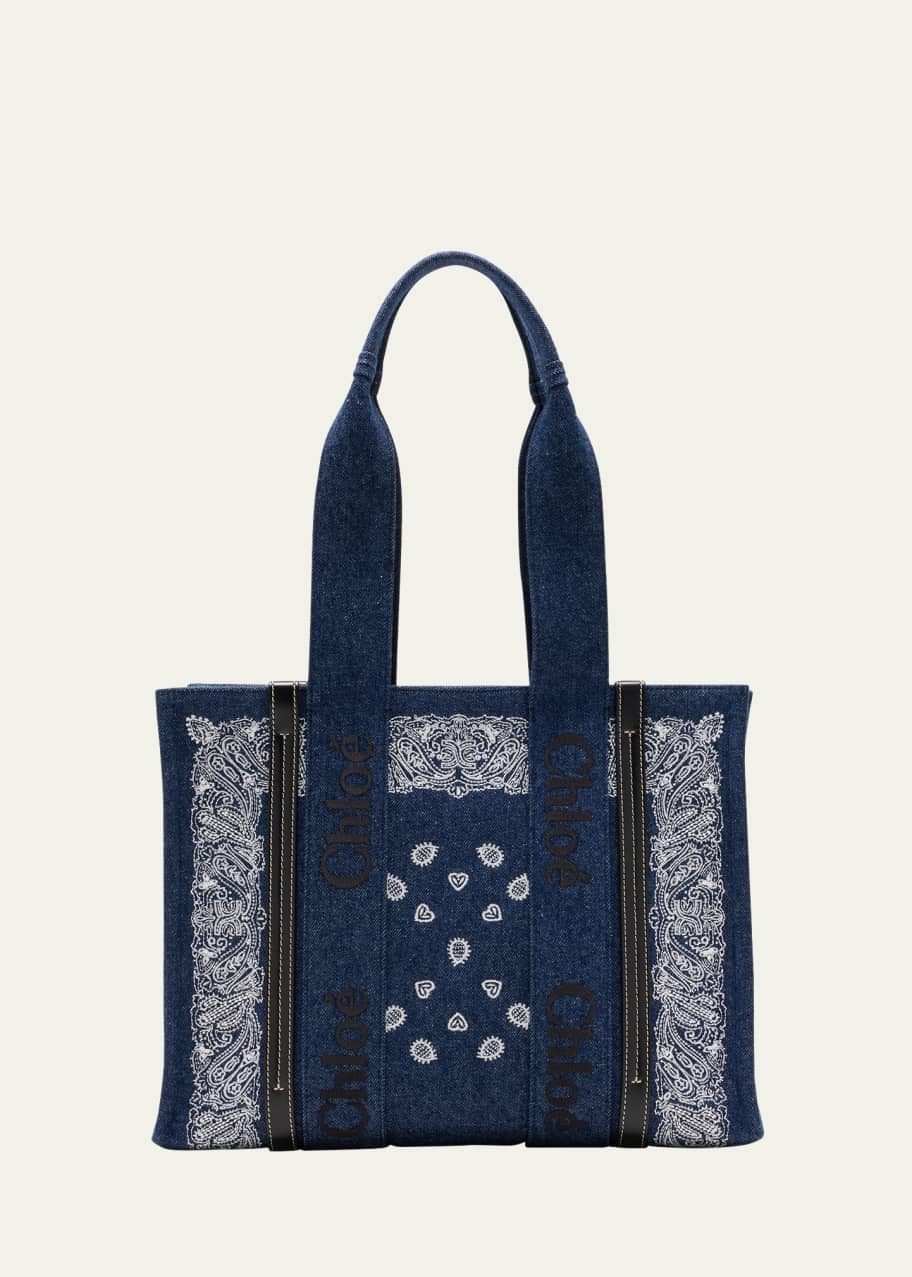 Image 1 of 1: x High Summer Woody Medium Tote Bag in Bandana Embroidered Denim