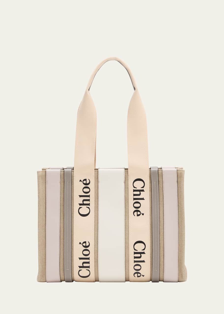 Image 1 of 1: x High Summer Woody Medium Tote Bag in Striped Linen and Leather