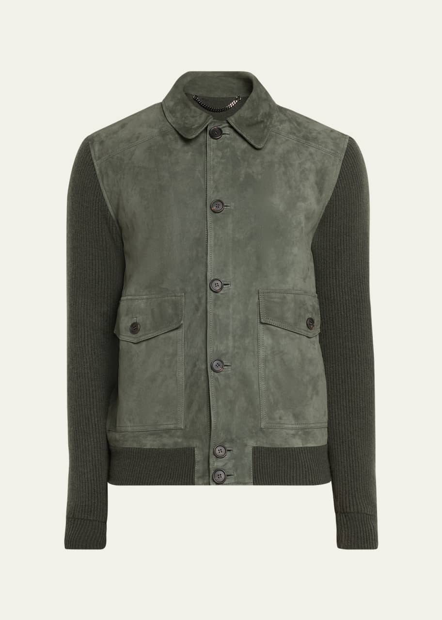 Fioroni Men's Knit-Sleeve Suede Bomber Jacket Bergdorf Goodman
