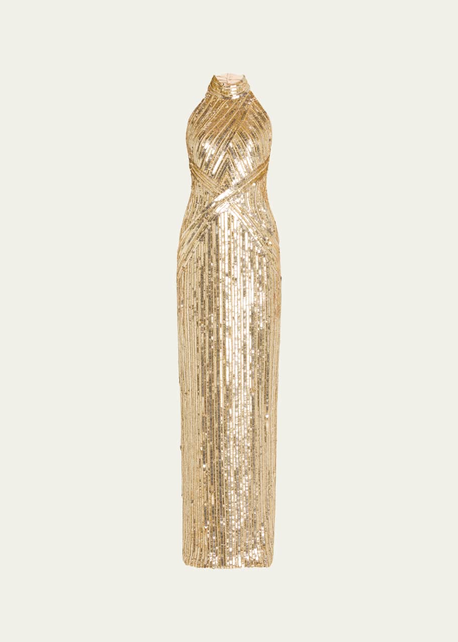 Image 1 of 1: Sequined Halter Backless Column Gown