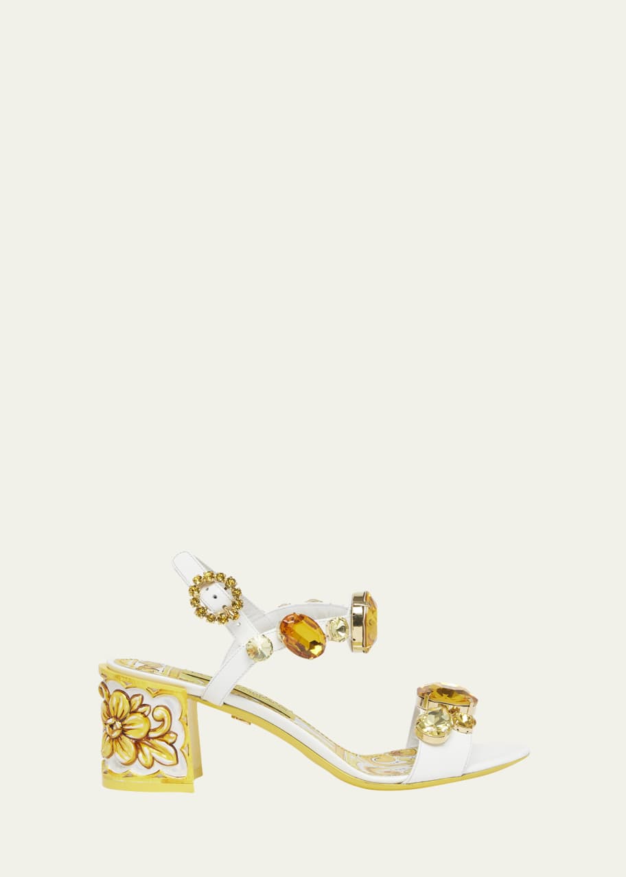 Image 1 of 1: Stone Embellished Leather Block-Heel Sandals