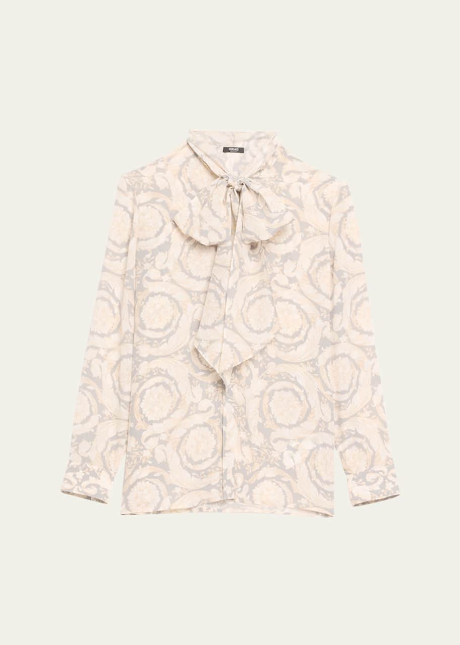 Image 1 of 1: Baroque Print Button-Front Shirt with Tie Neck