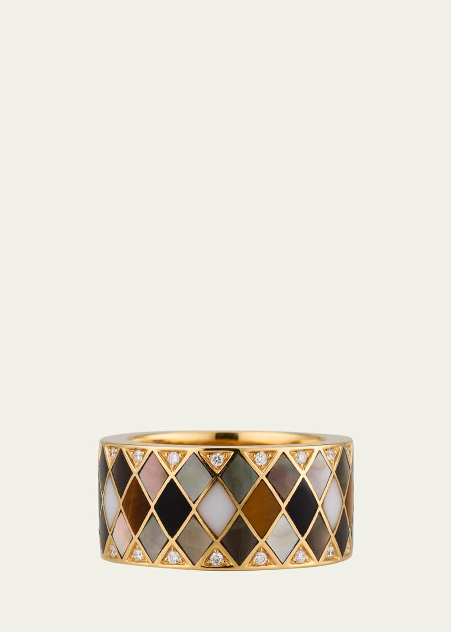 Image 1 of 1: 18K Yellow Gold Temple Tile Cigar Band with Tiger's Eye, Onyx, Mother of Pearl and Diamonds, Size 6.5