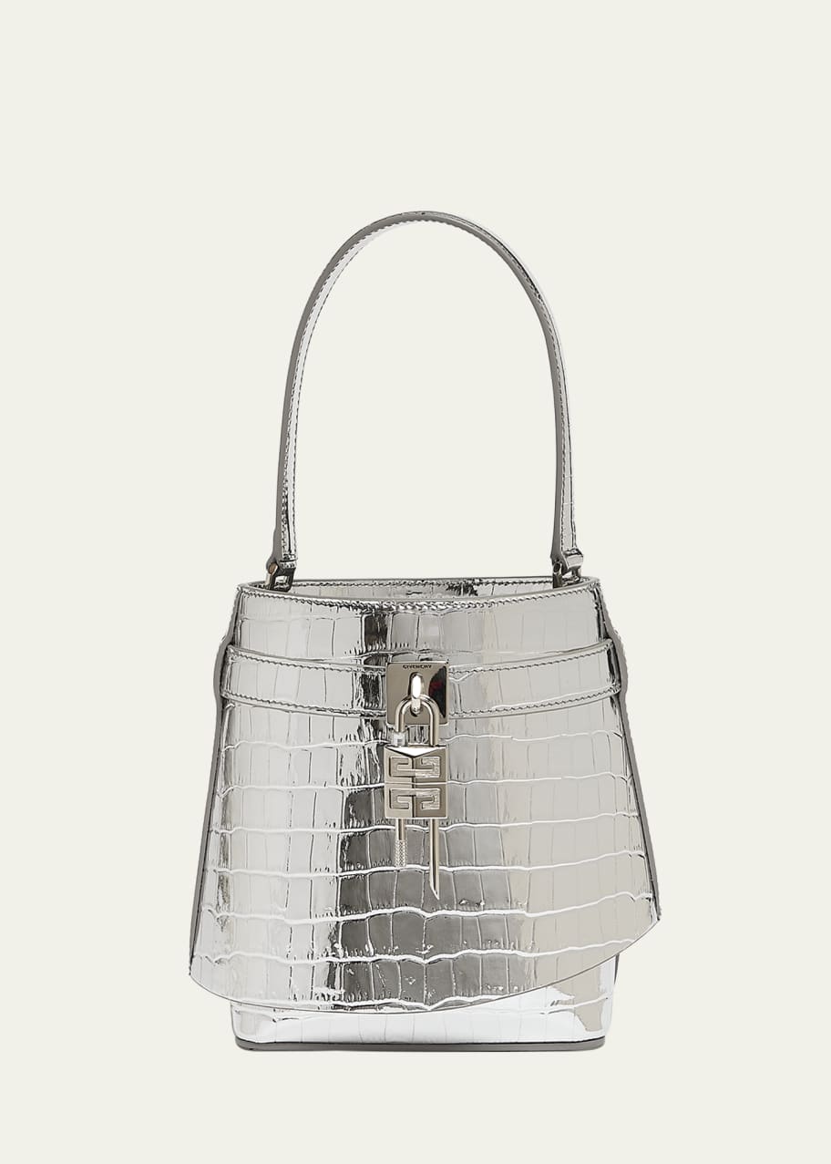 Image 1 of 1: Shark Lock Bucket Bag in Metallic Croc-Embossed Leather