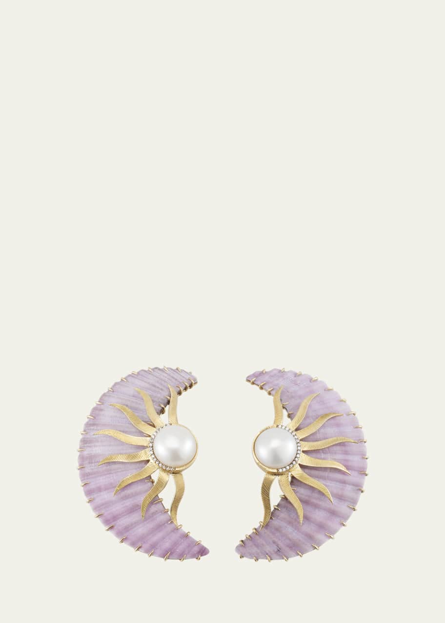 Image 1 of 1: 18K Yellow Gold Half Moon Earrings with Diamonds, Scalloped Shell and Pearls