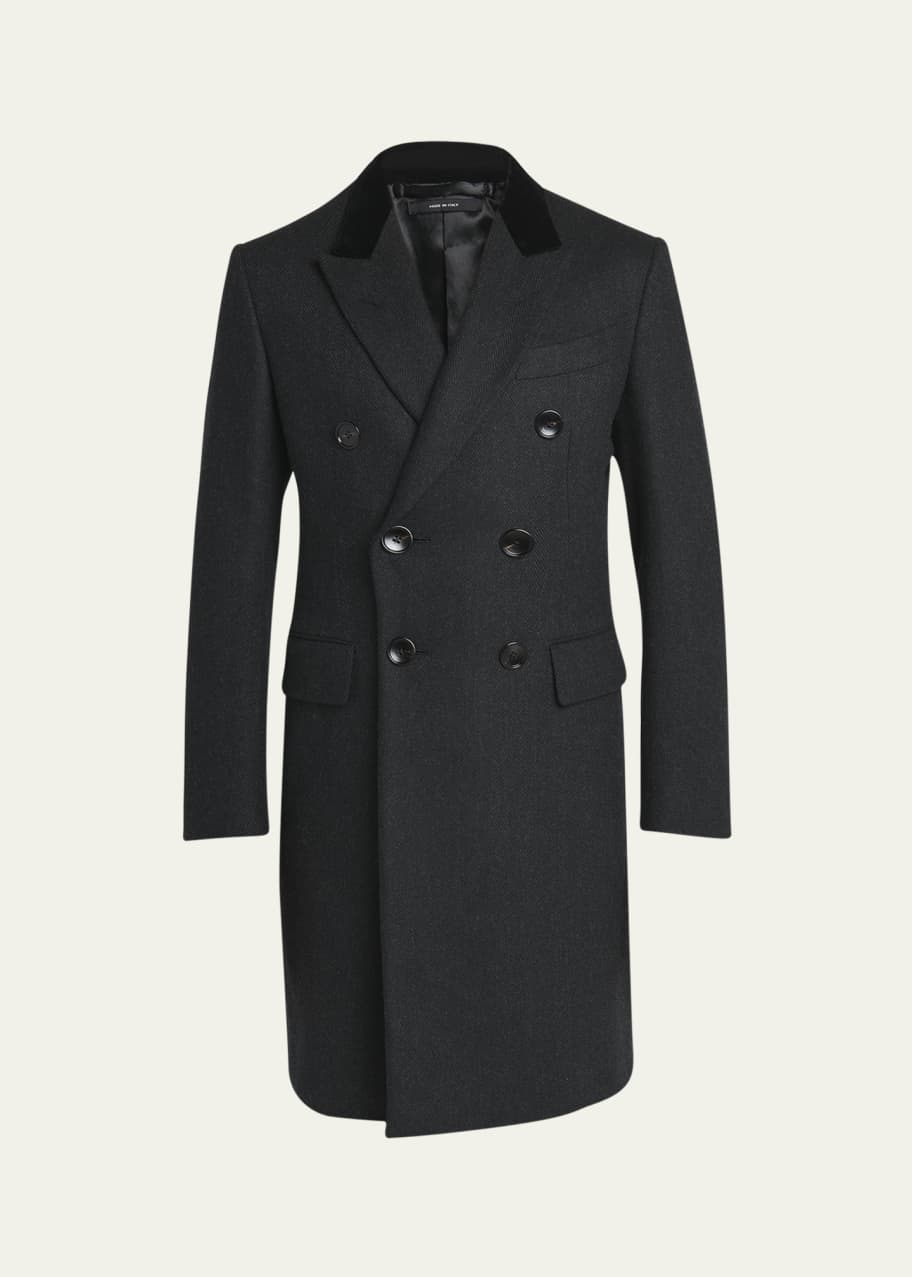 Image 1 of 1: Men's Herringbone Topcoat with Velvet Collar