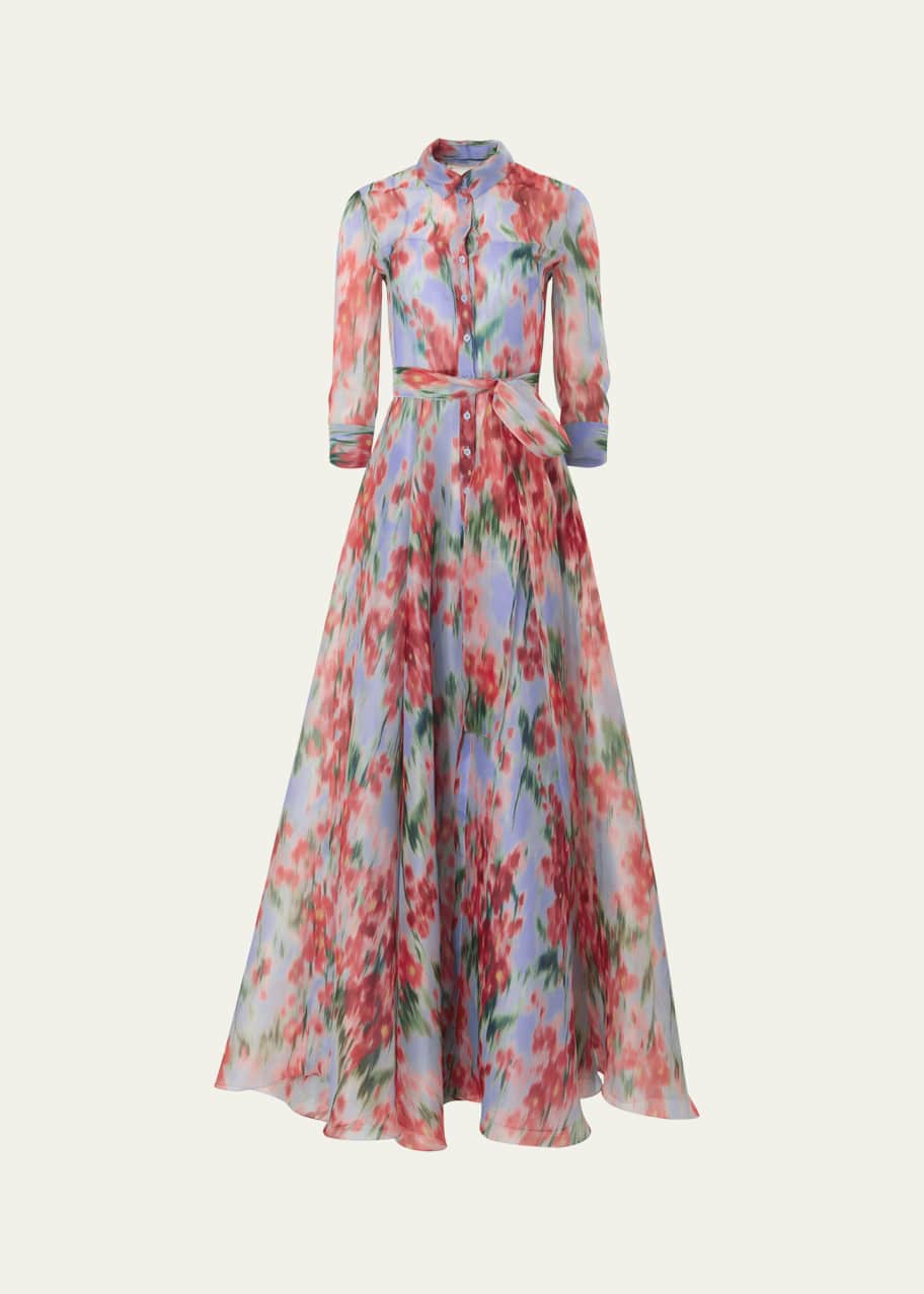 Image 1 of 1: Watercolor Floral Belted Silk Trench Gown
