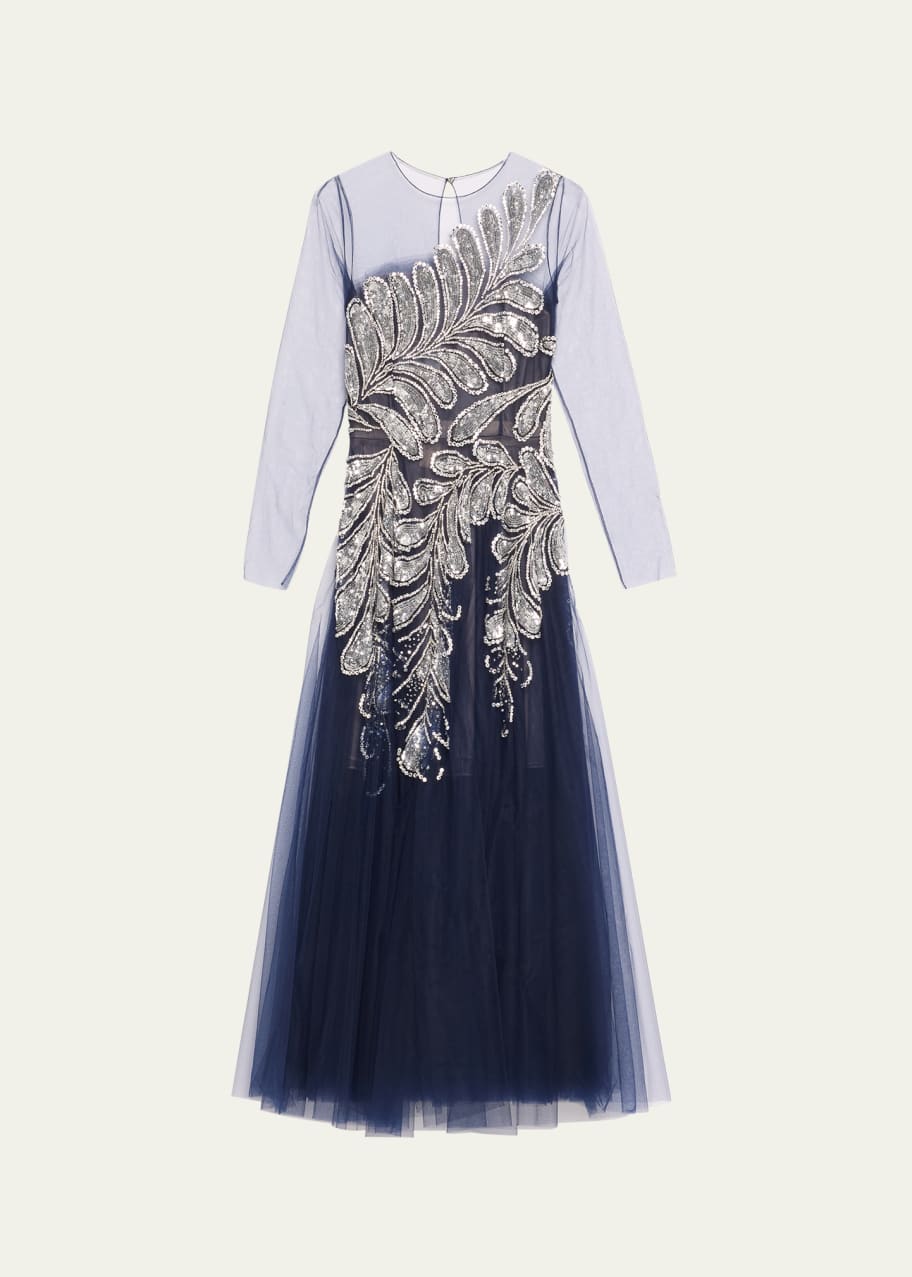 Image 1 of 1: Long-Sleeve Crystal and Sequin Embroidered Gown