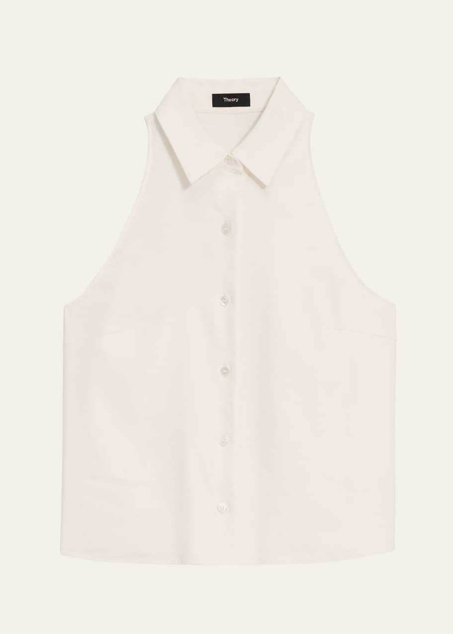 Image 1 of 1: Sleeveless Linen-Blend Button-Front Halter Shirt
