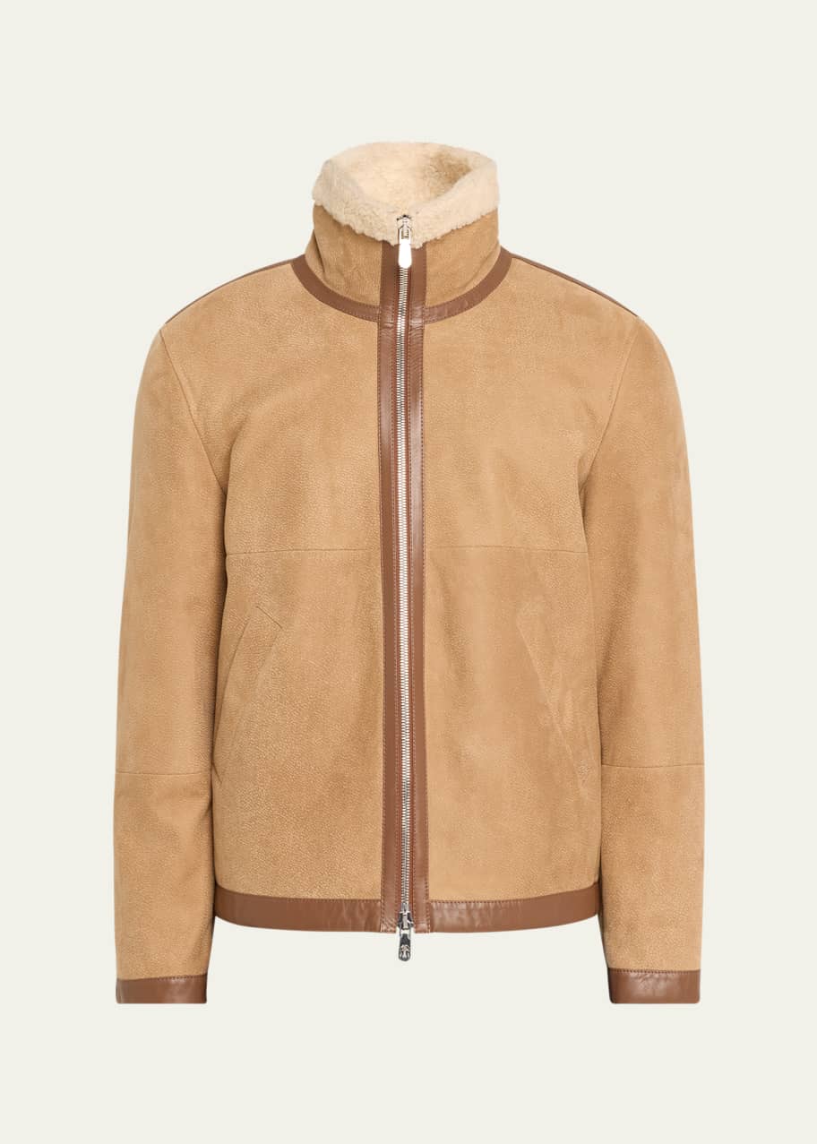 Brunello Cucinelli Men's Lamb Shearling Lined Suede Jacket with
