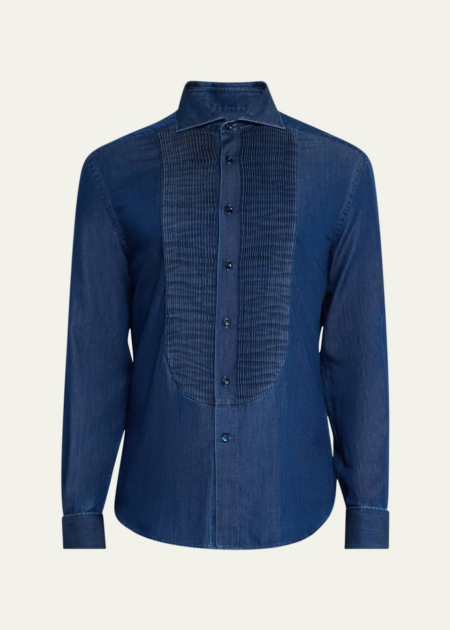 Brunello Cucinelli Men's Denim Pleated-Bib Dress Shirt