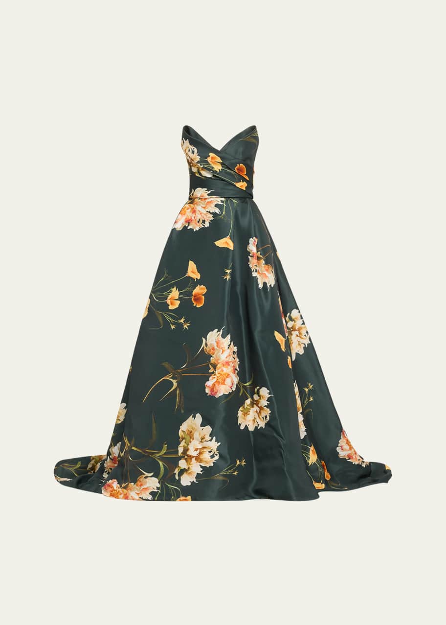 Image 1 of 1: Floral Draped Bodice Strapless Ballgown