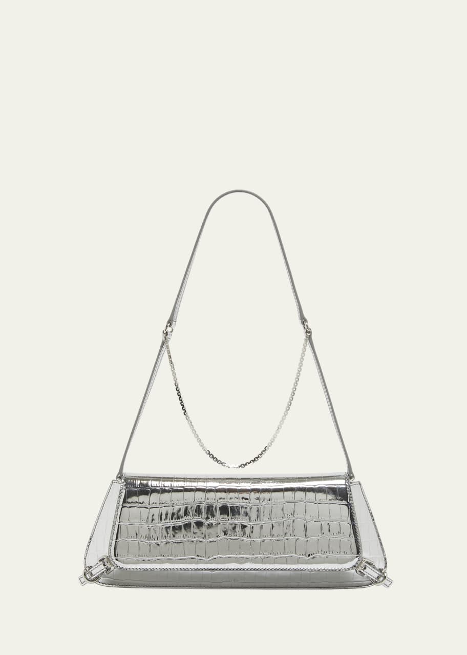 Image 1 of 1: Voyou East-West Shoulder Bag in Metallic Croc-Embossed Leather