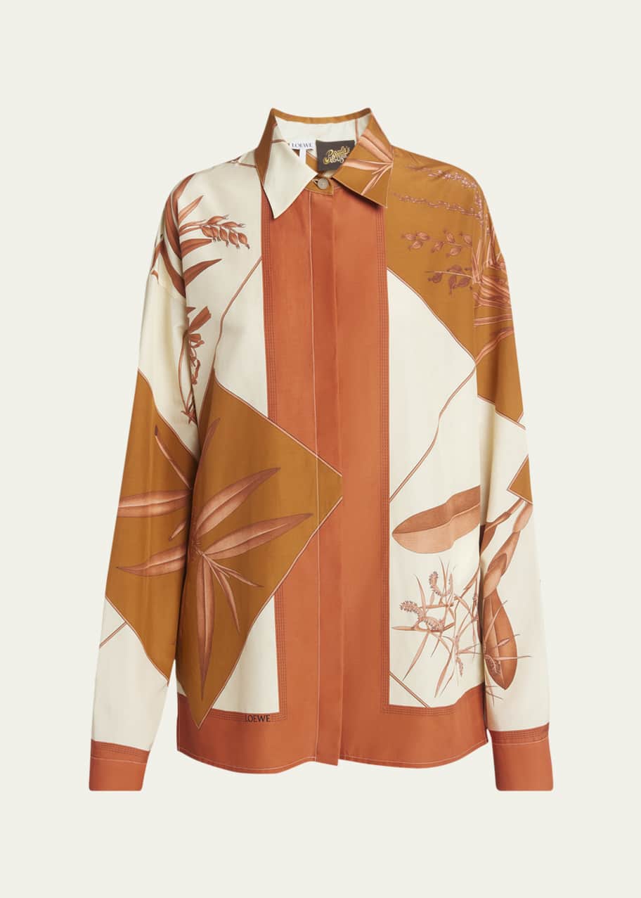 Image 1 of 1: Leaf Print Boxy Silk Blouse