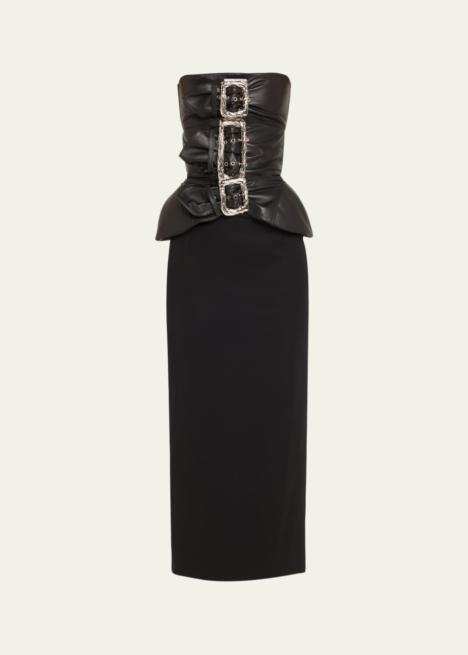 chinese dress ladies Elena Strapless Faux Leather Corset Maxi Dress – Mirandas Boutique LLC main image 1