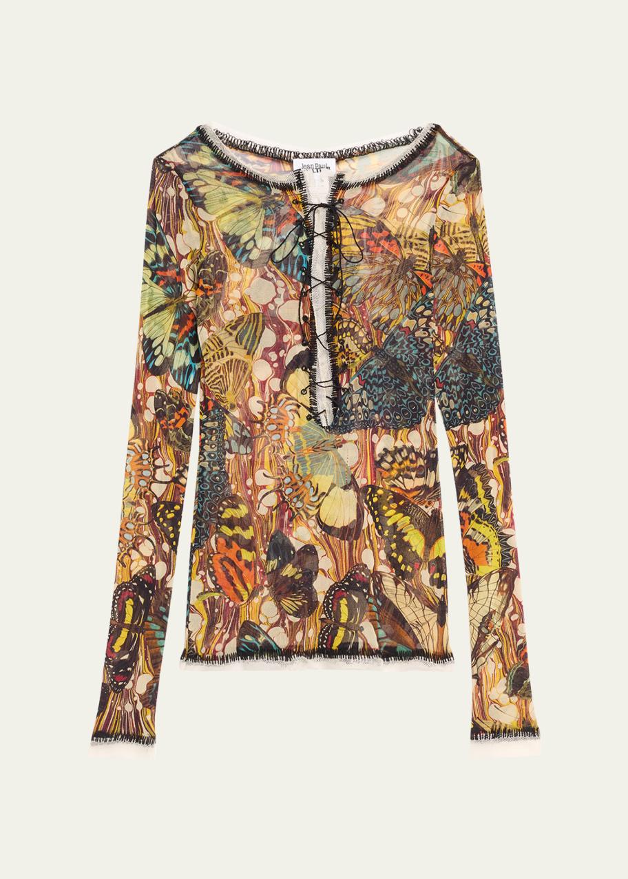 Jean Paul Gaultier Butterfly Mesh Lace-Up Top - Bergdorf Goodman