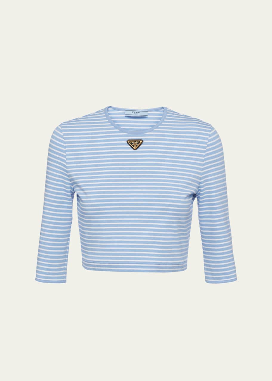 Prada Stripe Three-Quarter Sleeve Jersey Crop Shirt - Bergdorf Goodman