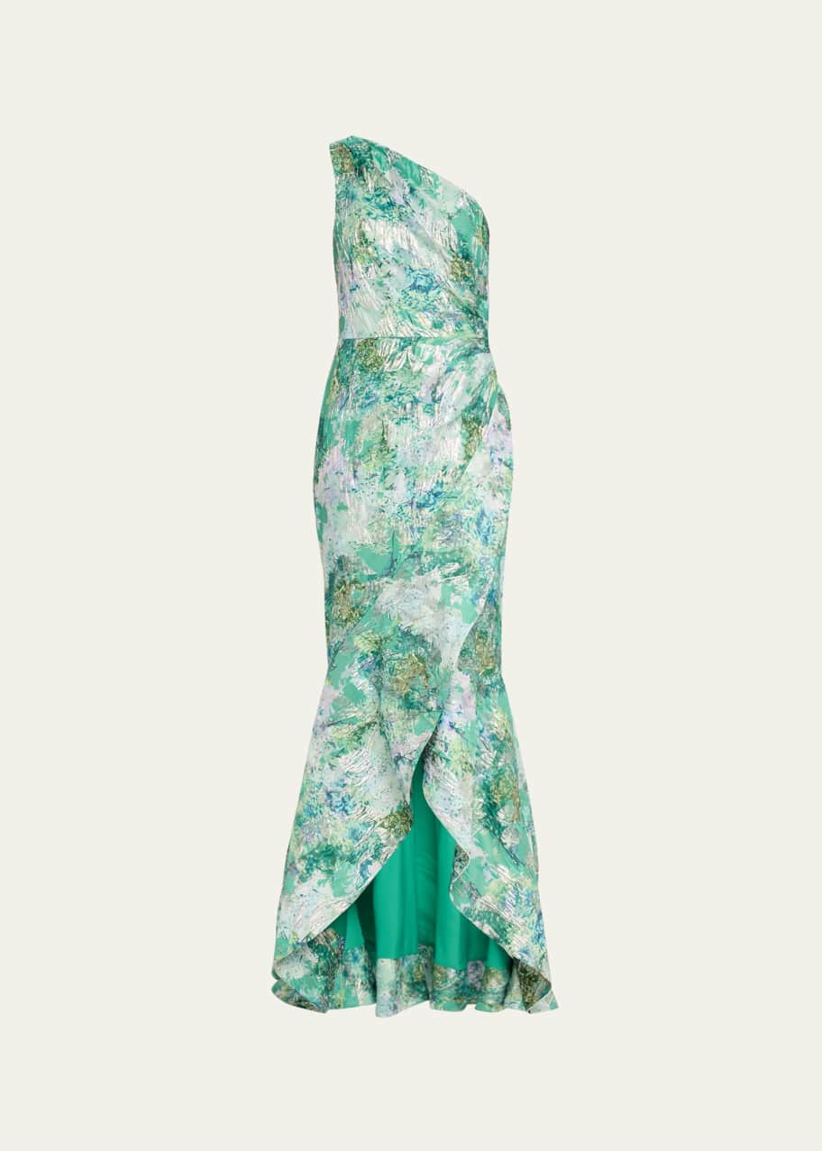 Image 1 of 1: One-Shoulder High-Low Jacquard Gown